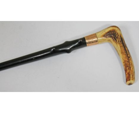 A Victorian ebonised walking stick with antler handle and hallmarked 15ct gold collar, length 88cm. 