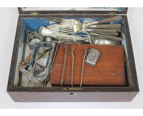 A 19th century rose box and contents including a set of balance scales, a silver vesta case, a silver photo framed and variou