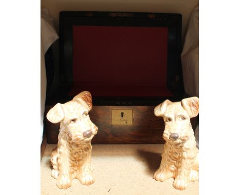 A Victorian walnut laptop desk and a pair of Sylvac dogs