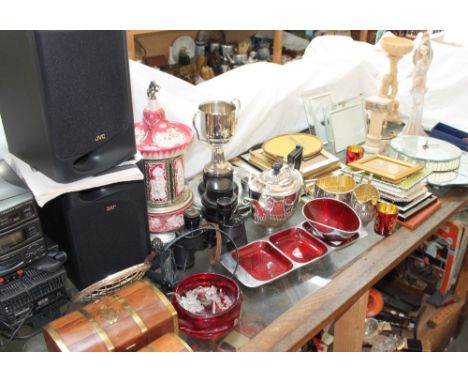 A Lauris mantle clock together with an electroplated three piece teaset, binoculars, photograph frames, frames, figures etc
