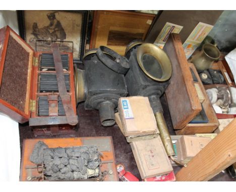 Carriage lamps together with a collection of magic lantern slides, ceramic knobs, coal cart etc