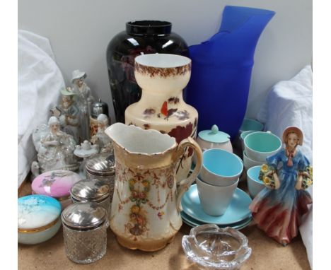 A Poole pottery part tea set together with glass vases, pottery figures, silver topped dressing table pots etc