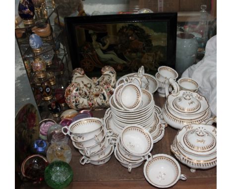 A Victorian gilt decorated part tea set together with a reverse painted print of Pomona, The Goddess of Fruit, assorted paper