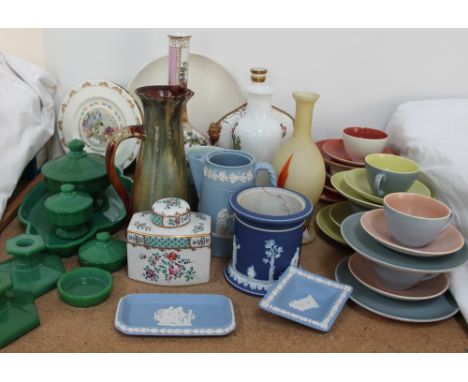 A Ewenny pottery jug together with a Poole pottery part tea service, continental porcelain bottle vase, green glass part dres