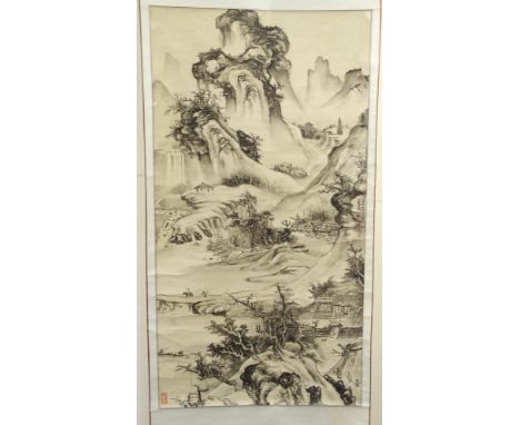 A Chinese scroll painting in the style of Guo Xi with an extensive mountainous landscape, 126 x 67cm