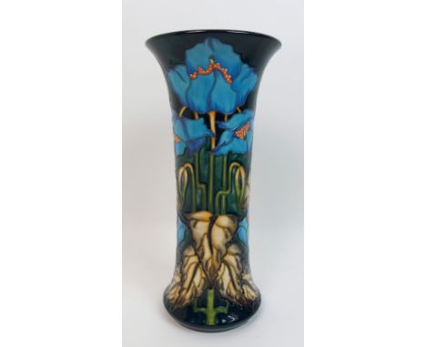 A Moorcroft Blue Rhapsody pattern vase the trumpet shaped vase decorated with blue poppies, designed by Philip Gibson for the