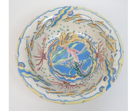 Jessie M King (1875-1949) A pottery nursery bowl titled The Little Mermaid and hand painted in blue, yellow, red and green, d