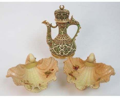 A Hungarian Zolnay Pecs reticulated coffee pot the surface including the handle, lid and spout pierced with a lattice work de