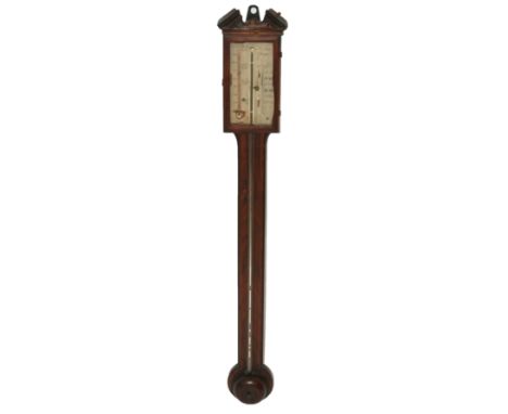 A George III mahogany inlaid stick barometer and thermometer the silvered dial inscribed A Lerra, Glasgow, 97cm high