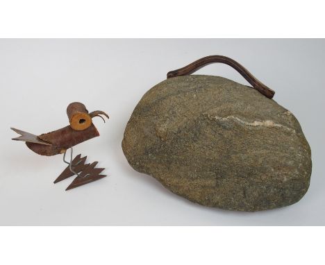 •A George Wyllie (1921-2012) Handbag sculpture  of boulder form with attached leather strap handle, 31cm wide x 23cm high tog