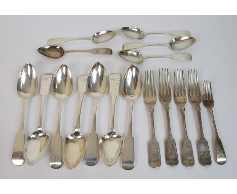 A part set of seven silver tablespoons and five silver dessert spoons by Charles Dalgleish, Edinburgh 1816 and 1813, fiddle p
