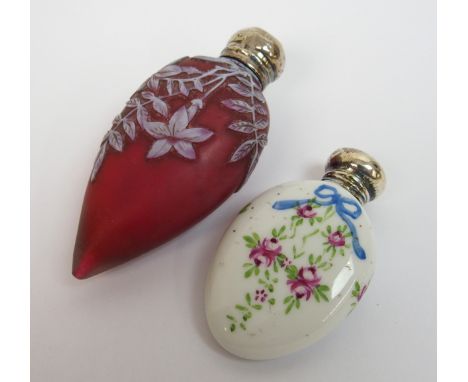 A Thomas Webb style pink cameo glass scent flask of teardrop form with flowers and foliage and silver screw top, Birmingham 1