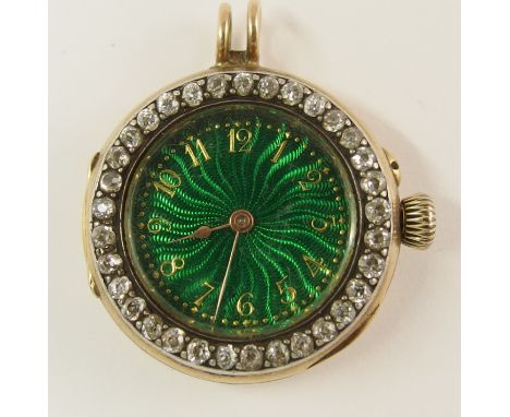 A French diamond and enamel pendant watch made by Le Roy & Fils, with green guilloche enamel dial with gold Arabic numerals a