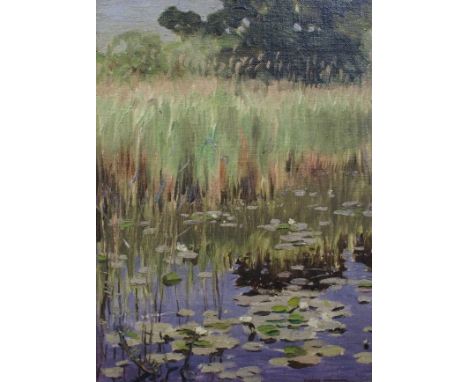 •CHARLES OPPENHEIMER RSA, RSW (British 1876 - 1961)  THE LILY POND  Oil on canvas board, signed, 39 x 28cm (15 1/4 x 11")  T 