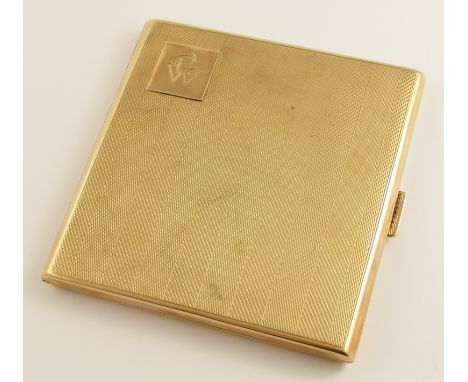 A Mappin & Webb 9ct gold cigarette case with all over engine turned engraving in herringbone stripes, with monogram to the fr