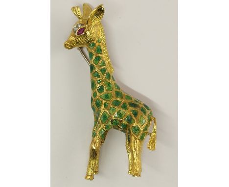A yellow metal giraffe brooch set with diamonds and ruby the body enamelled in green, with indistinct continental hallmarks, 
