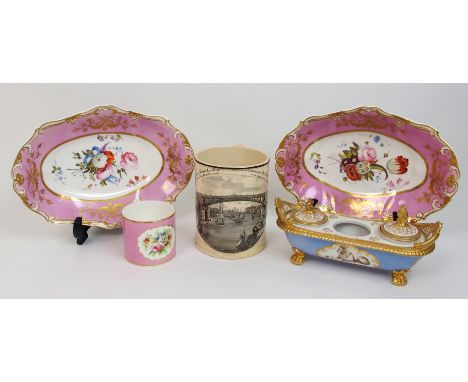 An English 19th Century porcelain double inkwell the trough inkwell decorated with hand-painted panels of sheep, dog, lion, g