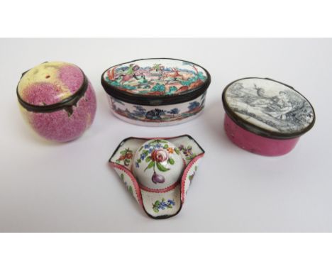 A Bilston enamel patch box of oval form depicting a courting couple, 4cm, an enamelled peach shaped pill box, an oval shaped 