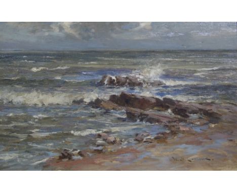 WILLIAM BRADLEY LAMOND RBA (Scottish 1857 - 1924) SEASCAPE - A WINDY DAY Oil on canvas, signed, 36 x 53.5cm (14 x 21") Inscri