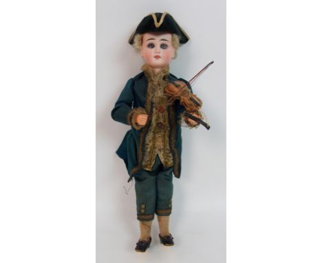 A Continental bisque-headed automaton violin playing doll with blue eyes and painted features, the head impressed 103 I, in p