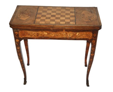 A Dutch marquetry rosewood card table the top inlaid with checker board flanked by playing cards above a fold over baize inte