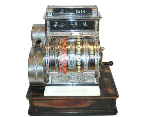 An American National cash register No. 1029587422, the chrome cast case decorated with anthemion leaf and paterae on stained 