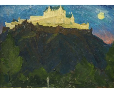 •MARY VIOLA PATERSON (Scottish 1899 - 1981)  EDINBURGH CASTLE FLOODLIT  Oil on board, signed and dated (19)64, 23.5 x 32cm (9