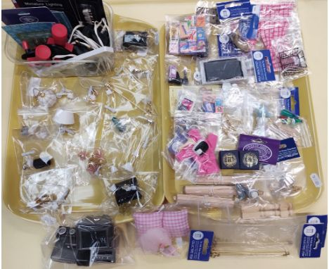 Two trays of dolls house accessories including lighting and fittings, curtains, furnishings, household items, etc.