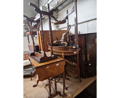 A mixed lot of furniture comprising an oak corner cabinet, two chairs, two tripod tables, four occasional tables and a wicker