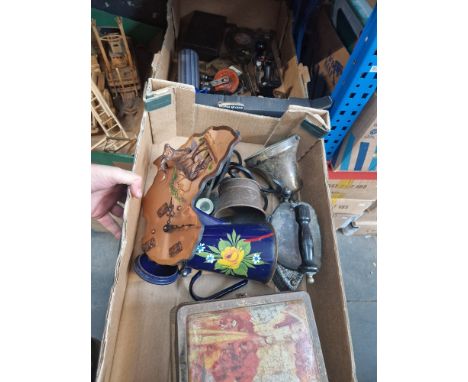 Two boxes of assorted vintage tools to include Stanley planes etc. &amp; a box of metalware 