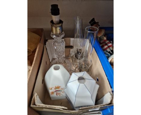 Two glass oil lamps, a cut glass table lamp and two pairs of glass light shades.