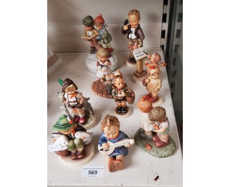 10 Hummel figurines including Village Boy c.1958, Bird Duet 1960-63, Joyful 1960-72, Little Goat Herder 1964-72, Hummel Club 