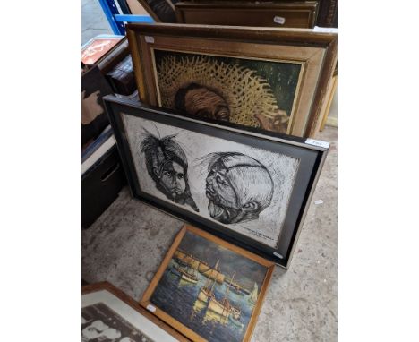Three pictures; 'Old Squaw and Grandchild' etching depicting Native Americans signed 'W S McCubbin, 1978', harbour scene oil 