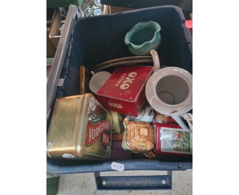 A mixed lot comprising early 20th century brass curtain rail, vintage tins, vintage binoculars, metal chargers, Japanese tea 