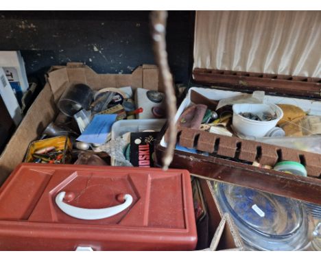 A box of mainly vintage fishing tackle. 