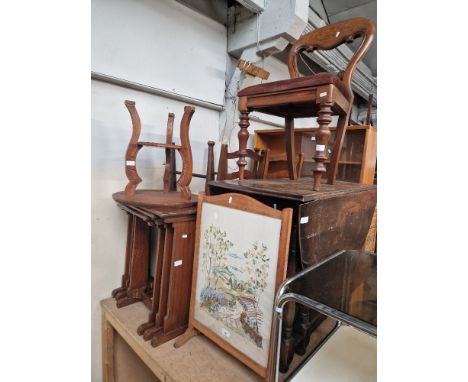 A mixed lot of furniture; tapestry firescreen, nest of tables, carved wood occasional table, oak drop leaf table &amp; four c