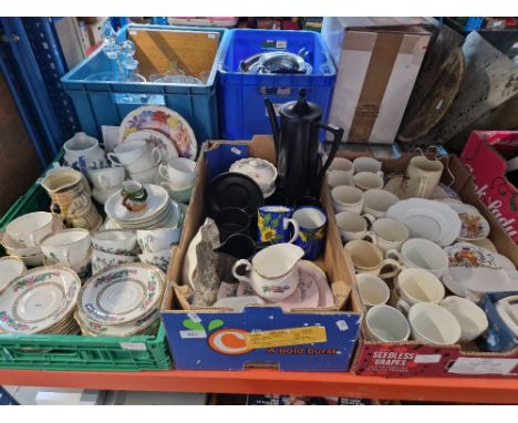 3 boxes of mixed china including Duchess tea wares, royal souvenir china and a black ceramic coffee set