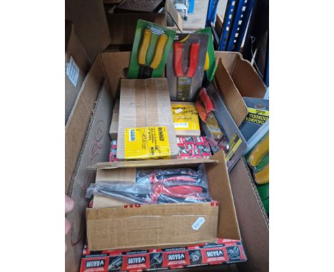 A mixed lot of tools including 50 DeWalt grinding discs, a box of needle nose pliers, a box wire cutters, a box of 10" oil fi