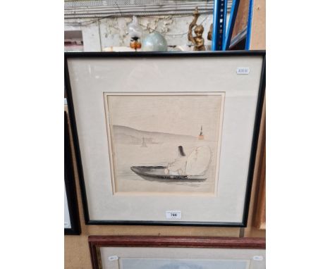 Ogata Gekko (Japanese, 1859-1920), woodblock print, figure on a boat, 23cm x 23cm, framed and glazed, 41cm x 41cm.