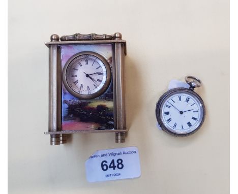 A miniature carriage clock and a ladies silver (? - unmarked) cased pocket watch. 