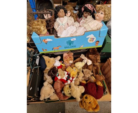 Two boxes containing ceramic faced dolls and some vintage teddy bears 