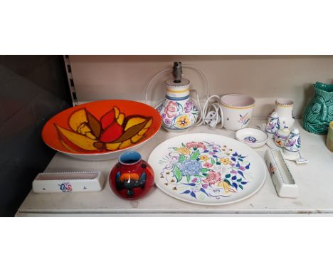 Poole pottery - traditional design items, a large 70s bowl approx 34cm diameter and a small modern vase, includes lamp, large