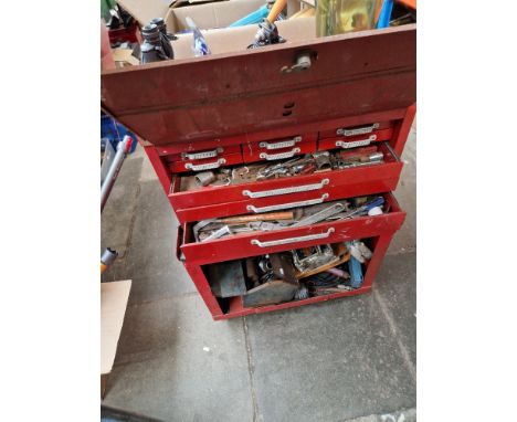 A Beach (Canadian) 9 drawer metal tool cabinet with stand, including contents