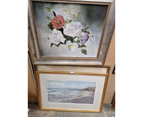 Three framed pictures including still life of flowers, oil on canvas and a signed limited edition coastal scene print after J
