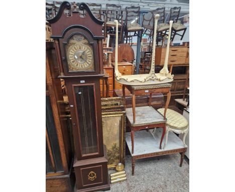 A mixed lot comprising ECS Westminster chiming longcase clock, three framed art prints on canvas, pair of French style side t