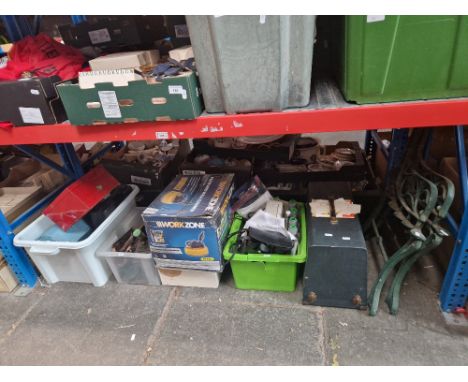 A mixed lot including tools, garage ware, cast metal bench ends, patio cleaner for pressure washer, etc.