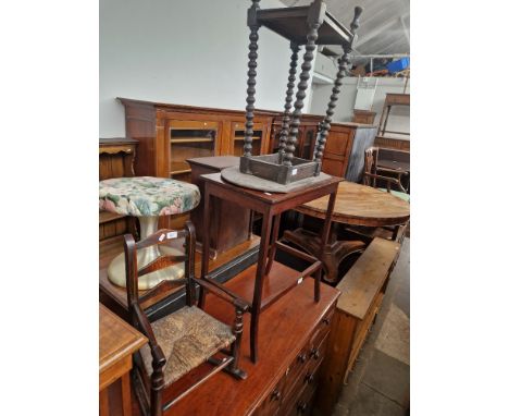 Three pieces of furniture comprising a child's rocking chair, an oak bobbin leg table and a mahogany tables.