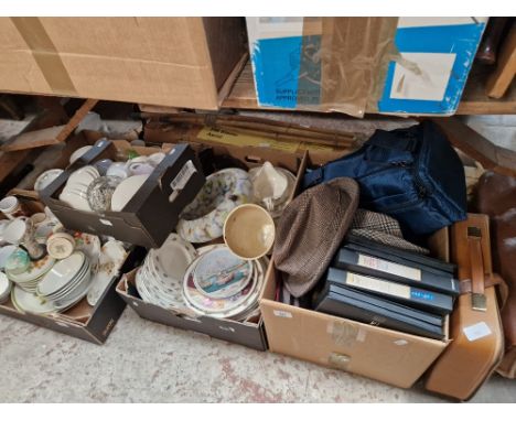 4 boxes of mixed ceramics, a box including Sony video tapes, hats, portable typewriter, leather briefcase, and a box with tab