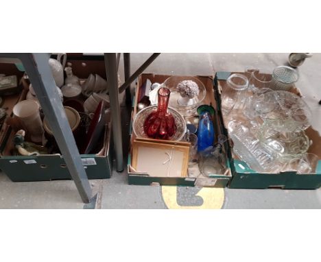 Two boxes of glass wares and a box of ceramics to include Royal Doulton figurine, Poole Volcano plate etc