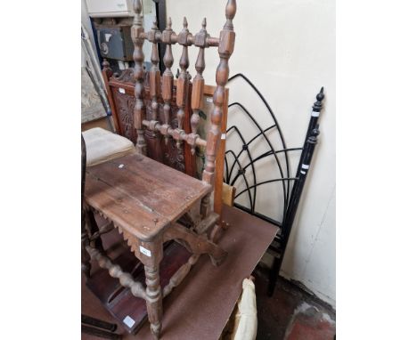 A mixed lot comprising folding step chair, oak stool, two fire screens, a mahogany box and a Gothic style metal bed frame (he